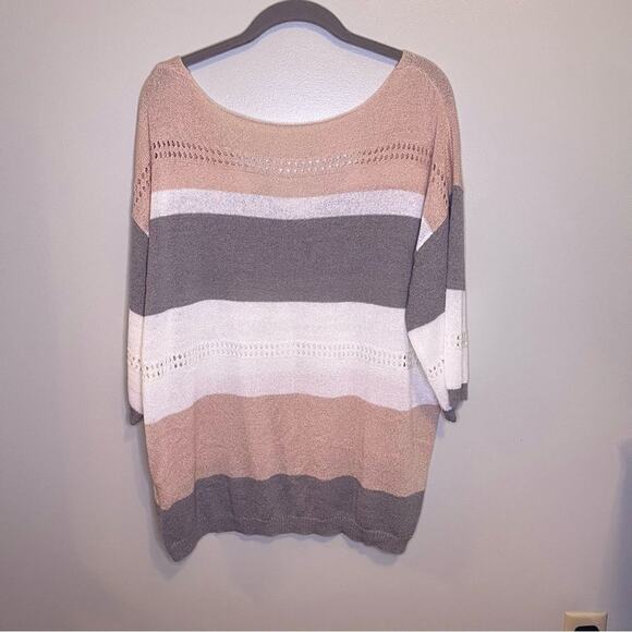 NWOT Amazon V Neck Colorblock Pink, White, Grey Striped Eyelet 3/4 Sleeve XL - Picture 6 of 6